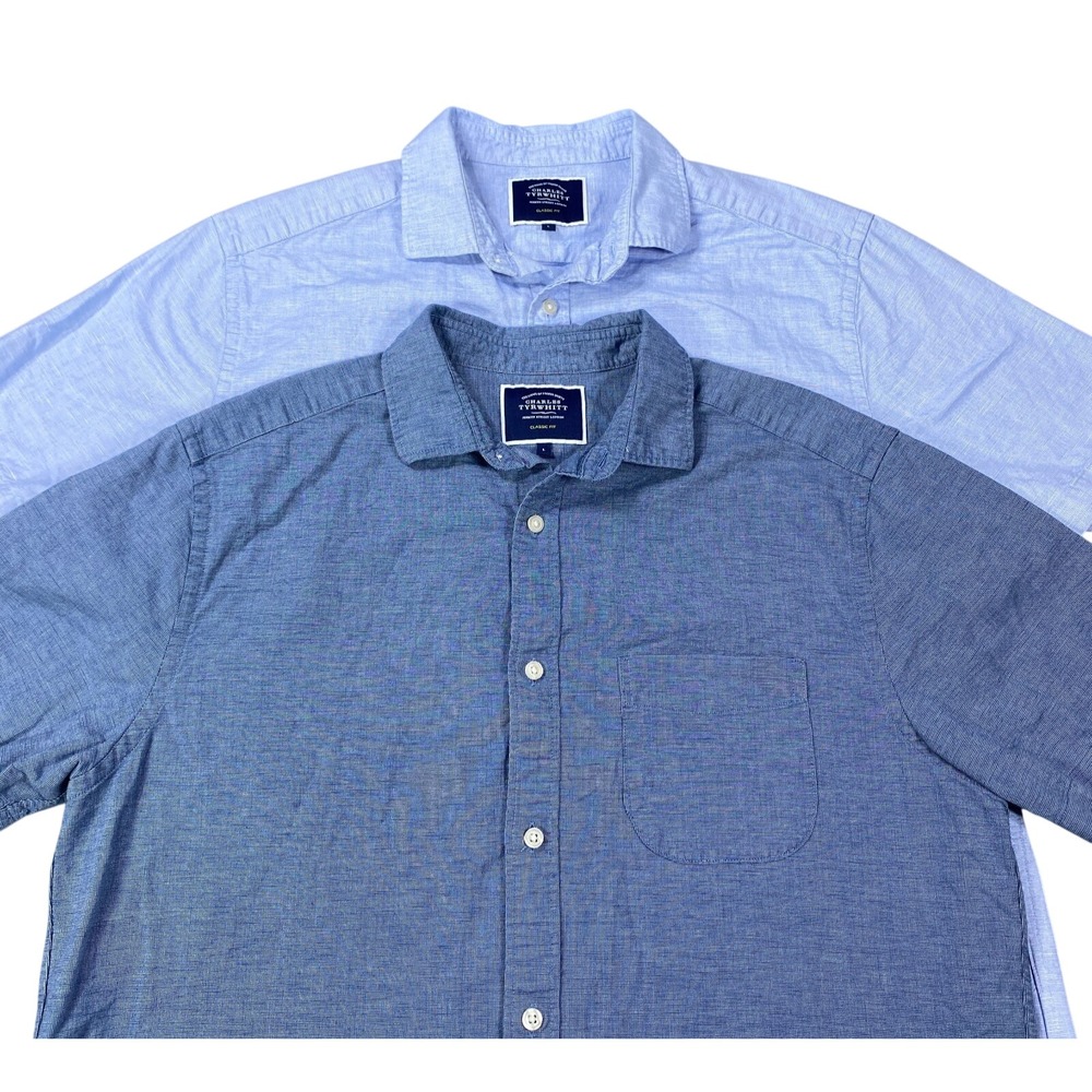 Charles Tyrwhitt Shirt Men Large Classic Fit Cotton Linen Short Sleeve Lot Of 2